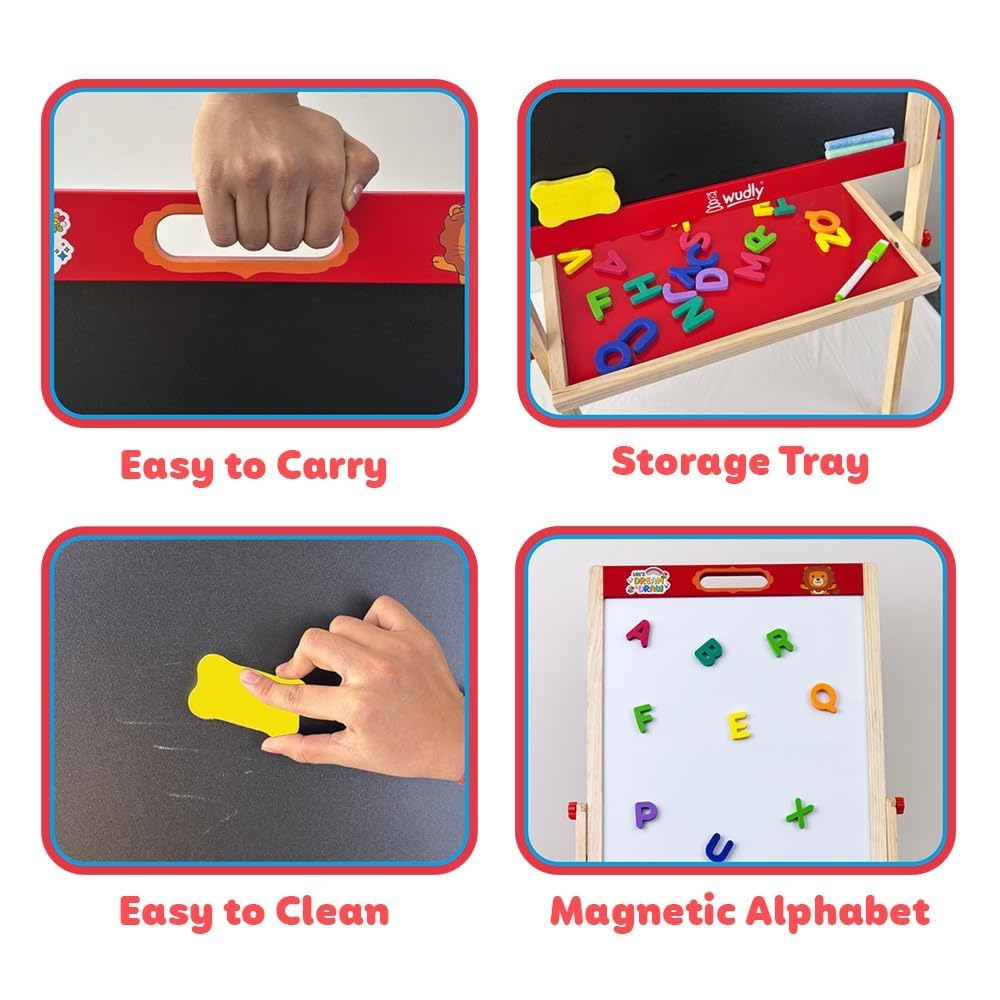 Wudly Kids Wooden Drawing Board, Double-Sided Chalkboard and Whiteboard, Educational Art Stand with Storage Tray