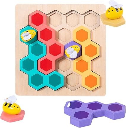 Wudly - Wooden Bee Puzzle Game, Brain Teasers Logic Game Learning Toys Matching Puzzle,  Beehive Puzzle Board Games Montessori Educational Toy for 3+ Years Kids, Multi Colors, Child Safe Certified