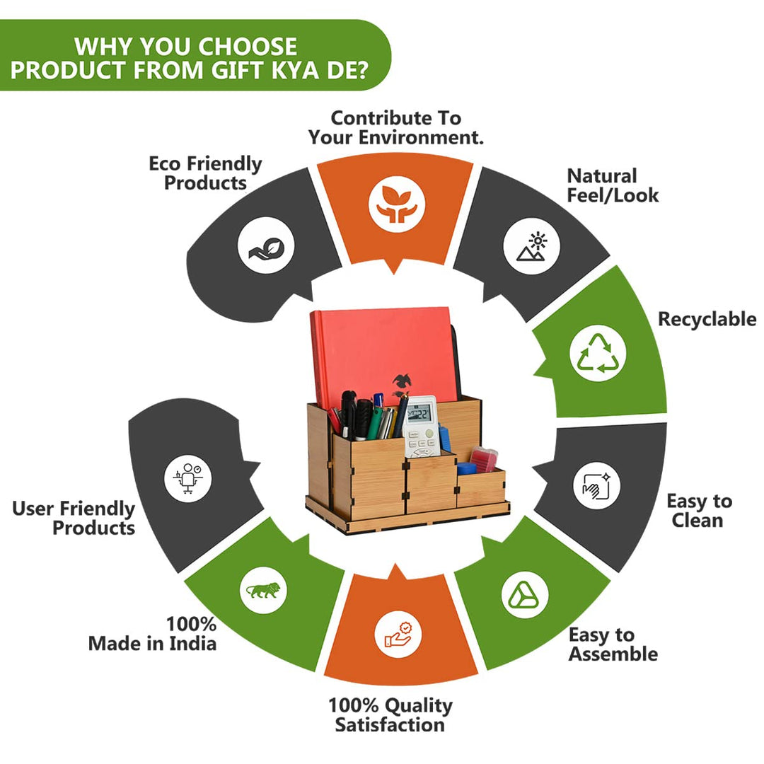 Gift Kya De Wooden Multipurpose Desk Organizer | Table Clock | 4 Compartment Organizer