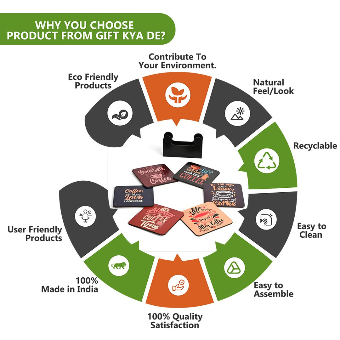 Gift Kya De Square Quotes Coaster Set of 6 With Coaster Stand | Quotes Coaster Set fit for Tea Cups and Coffee Mugs Also Coffee Lover Gifts