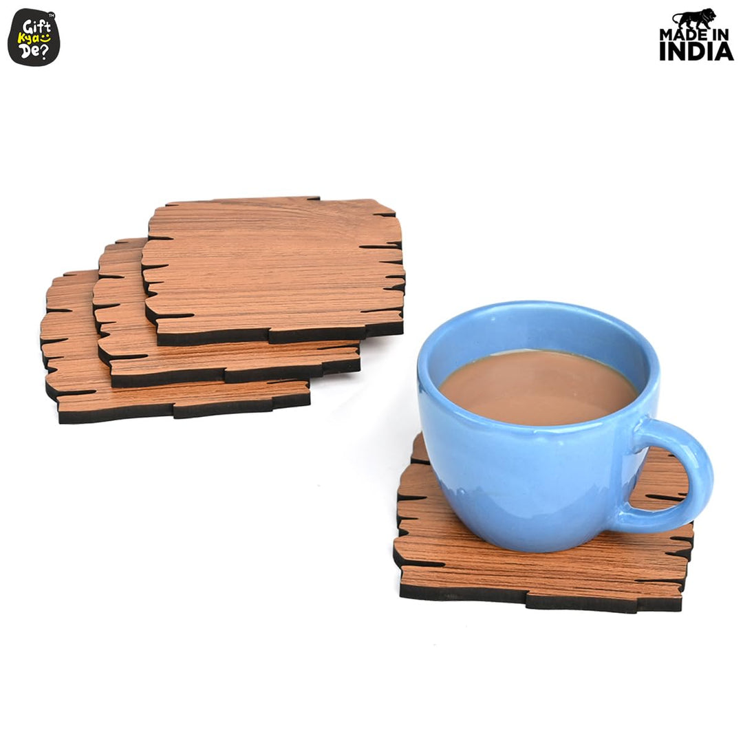 Gift Kya De Coaster Set Maharaja & Natural Design | Premium Wooden Table Coasters with Anti Slip Grip | 4 pc Wooden Coasters (10 x 10 cm)