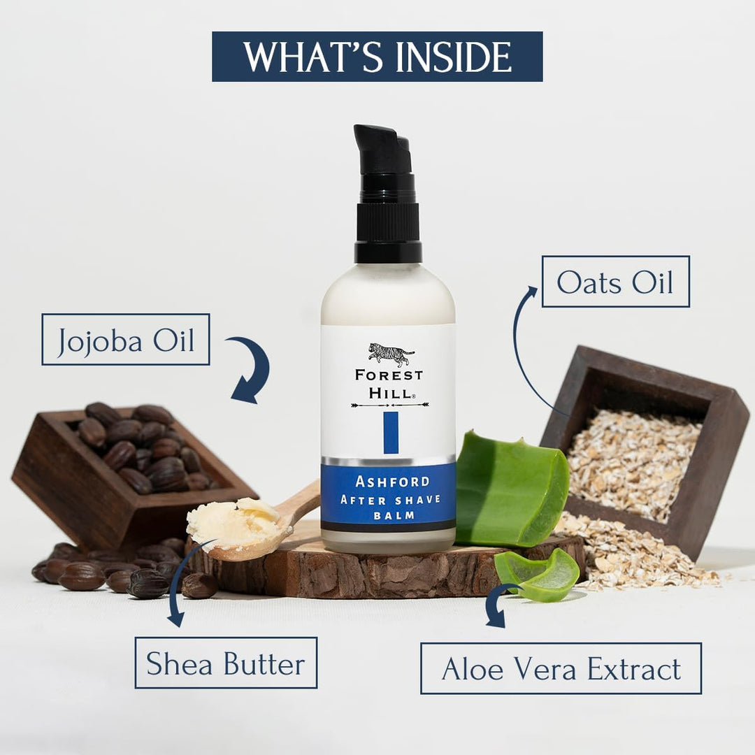 Forest Hill Set of 4 Men Gift Set Grooming Shaving Kit, Pre Shave Oil 50ml, Aqua Shaving Cream 75g, Ashford After Shave Balm 100ml & White Color Lincoln Synthetic Faux Badger Super Soft Hair Shaving Brush