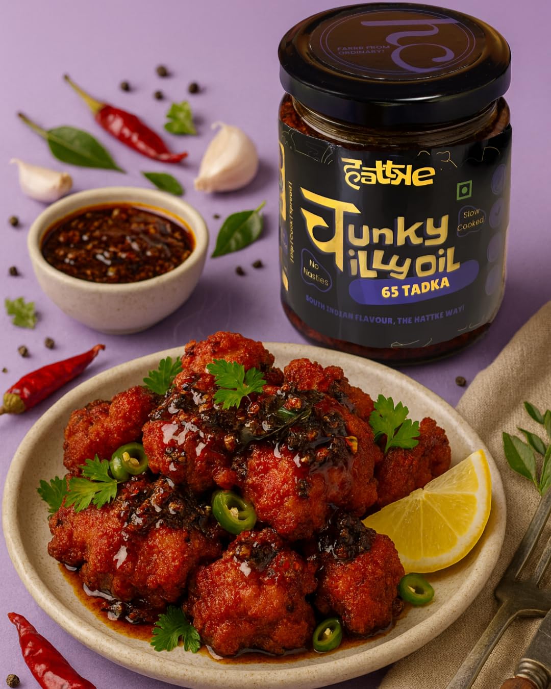 HATTKE Chunky Chilli Oil, 65 Tadka Flavour, South Indian Style Cooking & Drizzling Oil with Curry Leaves and Garlic, All Natural, No Preservatives, Natural & Fresh Ingredients - 175g