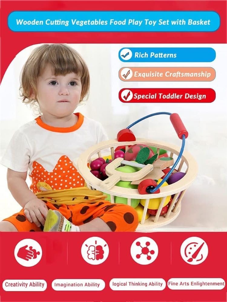 Wudly Magnetic Wooden Cutting Fruit Food Play Toy Set with Basket for Kids