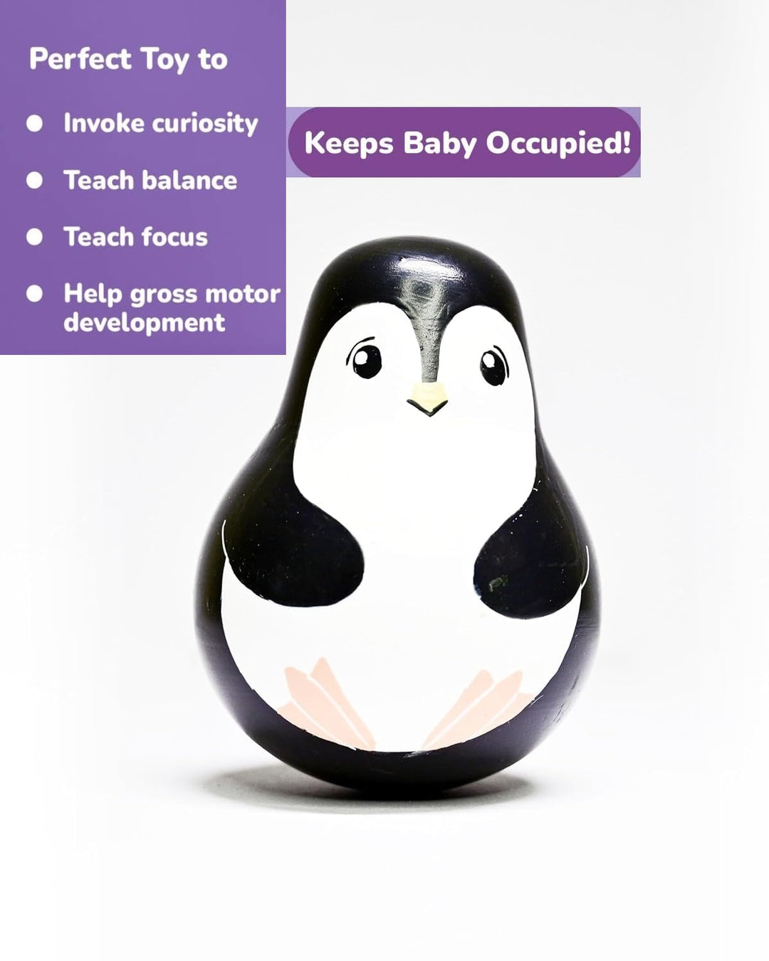 Channapatna Toys Wooden Penguin Roly Poly Toy for Baby, Toddlers, Kids (1 Year+) Wobbling Tumbler Toy- Develops Curiosity & Motor Skills