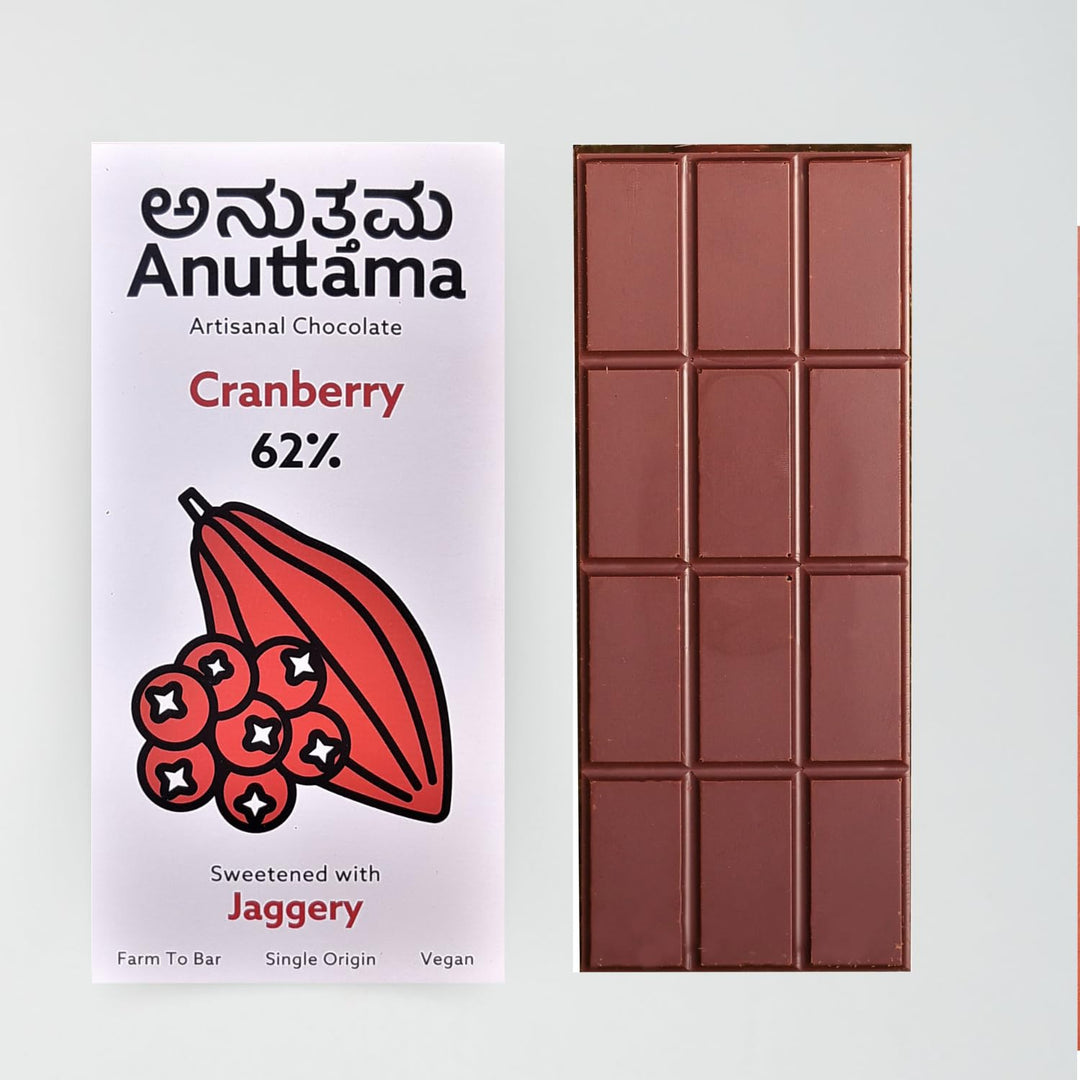 ANUTTAMA Cranberry Dark Chocolate - 62% Cocoa & Cranberry - Vegan Chocolate Bar 50 gm