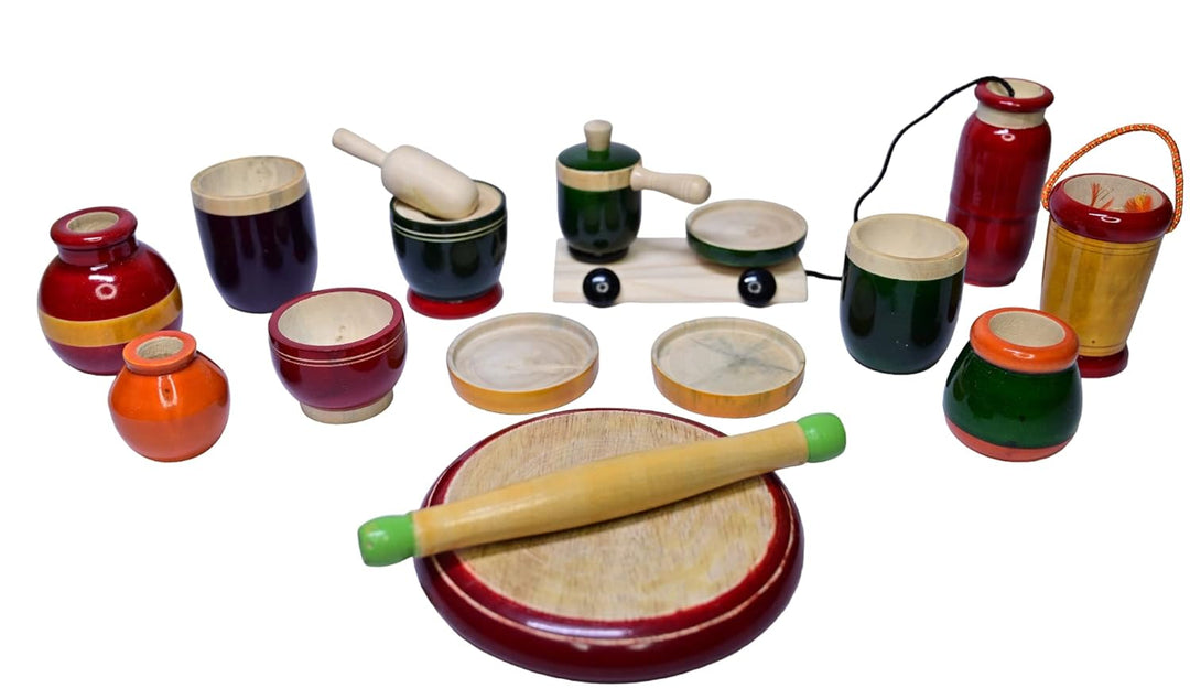 Channapatna Toys Wooden Traditional Wooden Cooking/Kitchen Play Premium Set for Girls, Boys, Kids (3 Years+) - Multicolor - 17 Pieces Preschool Toys Set - Pretend & Play Toys, Improves Hand Eye Coordination