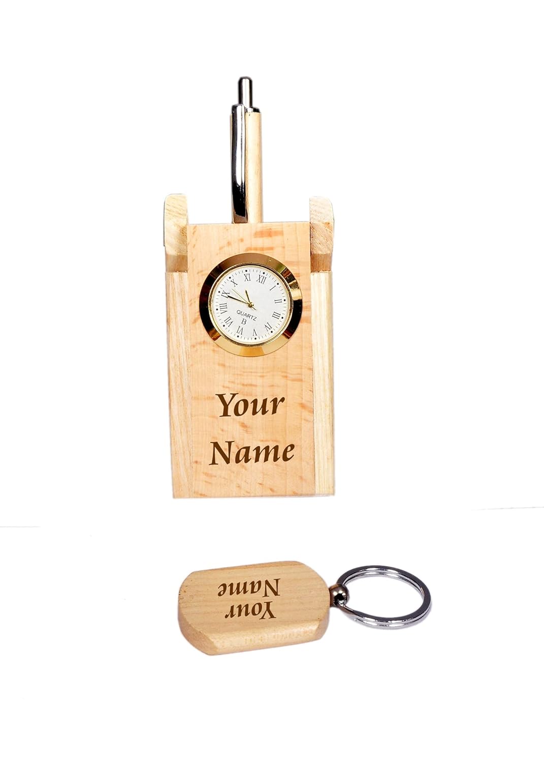 MiRa Gifting Solutions 4 in 1 Personalized Customized Wooden Office Gift Set with Pen, Pen Stand, Keychain and Card Holder
