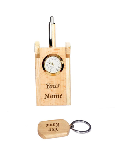 MiRa Gifting Solutions 4 in 1 Personalized Customized Wooden Office Gift Set with Pen, Pen Stand, Keychain and Card Holder
