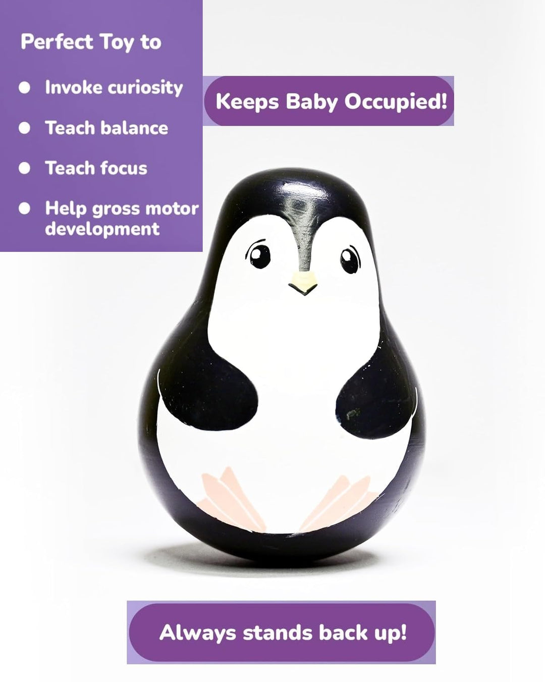 Channapatna Toys Wooden Penguin Roly Poly Toy for Baby, Toddlers, Kids (1 Year+) Wobbling Tumbler Toy- Develops Curiosity & Motor Skills