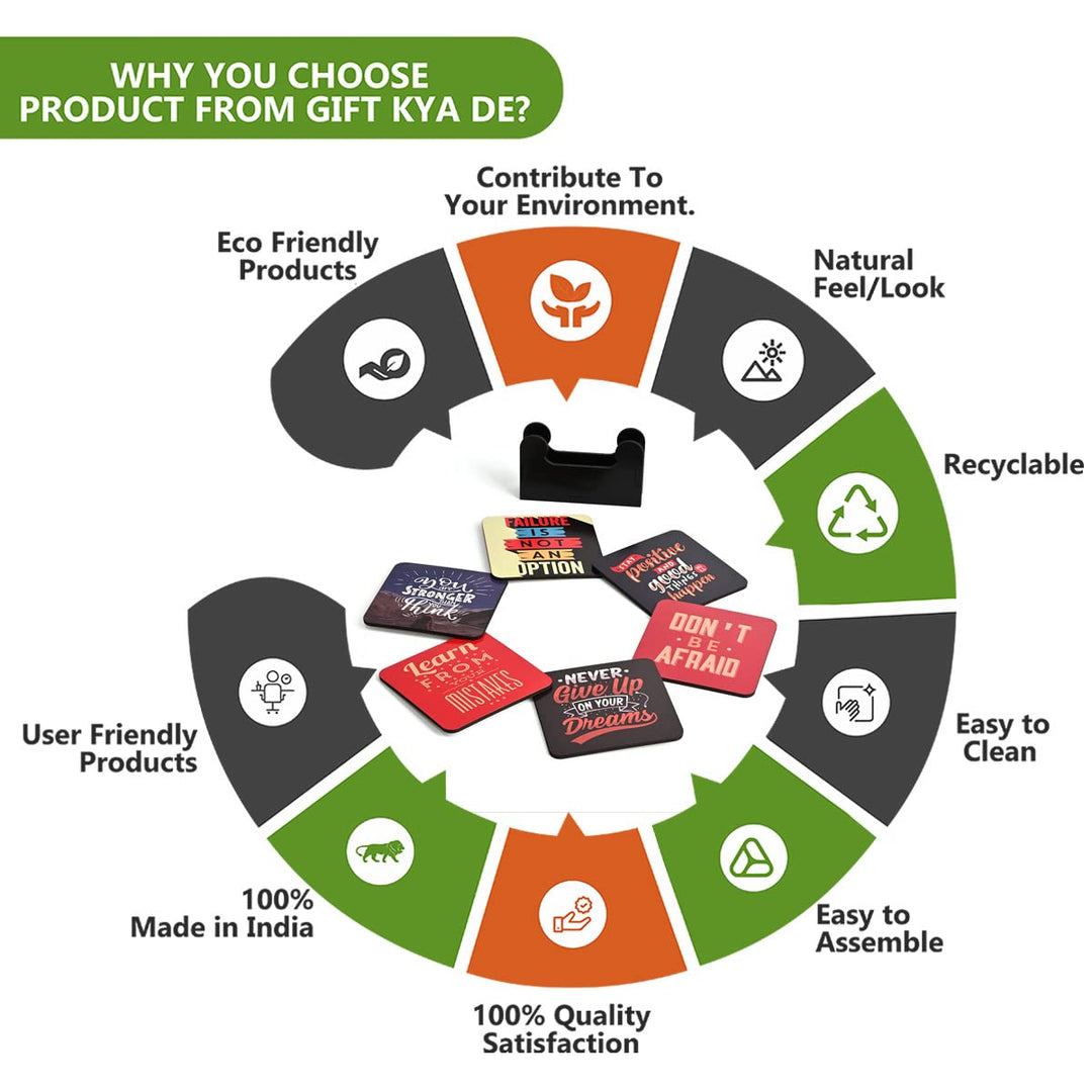 Gift Kya De Square Quotes Coaster Set of 6 With Coaster Stand | Quotes Coaster Set fit for Tea Cups and Coffee Mugs Also Coffee Lover Gifts