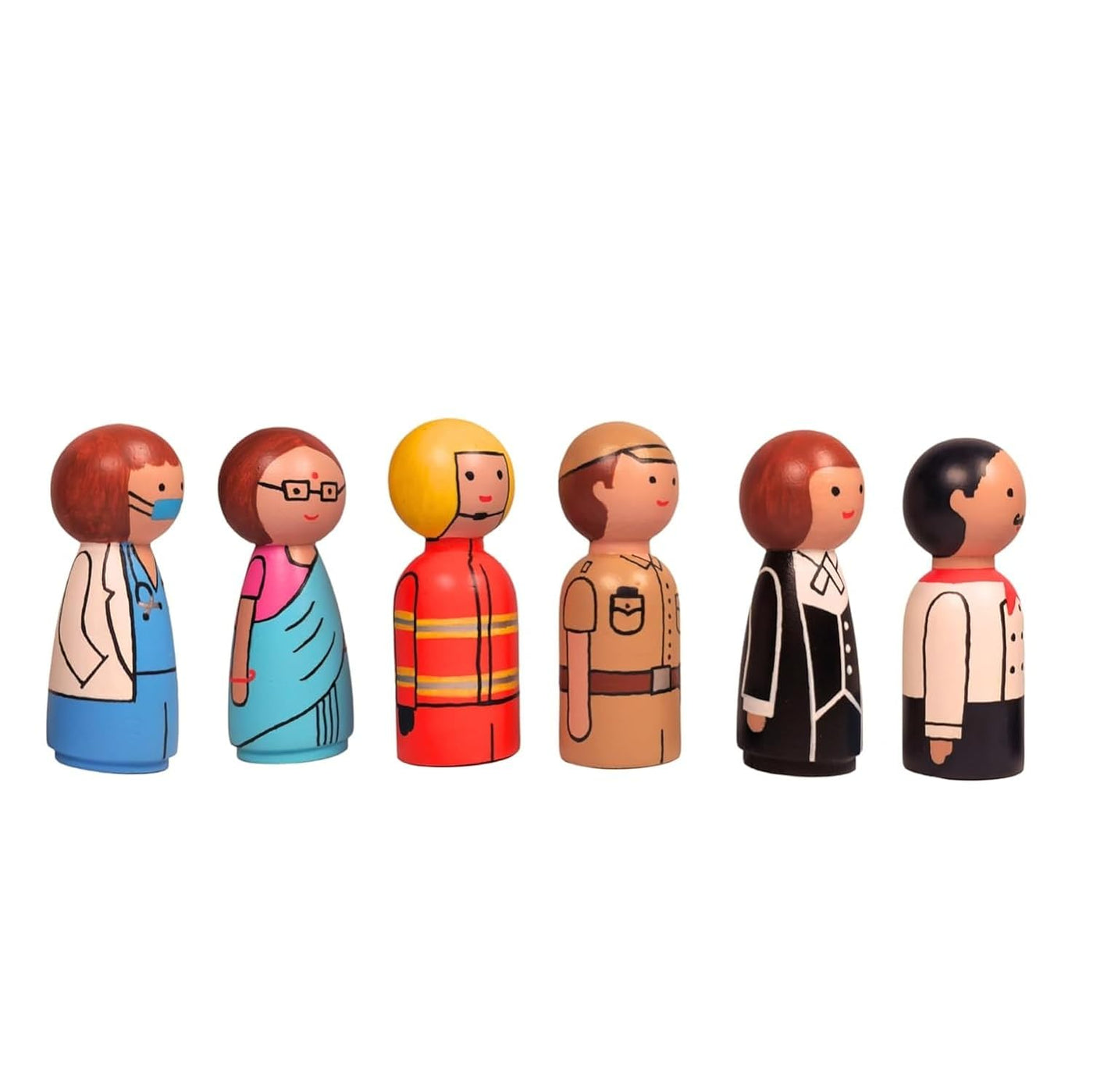 Channapatna Toys Wooden Women Peg Dolls Wooden Essential Workers/Community Helpers Pretend Play Figurines for Kids & Toddlers (2 Years+) - Pack of 6 pcs 6 Professions - Open Ended Toys