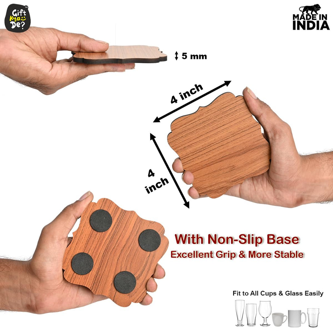 Gift Kya De Coaster Set Maharaja & Natural Design | Premium Wooden Table Coasters with Anti Slip Grip | 4 pc Wooden Coasters (10 x 10 cm)