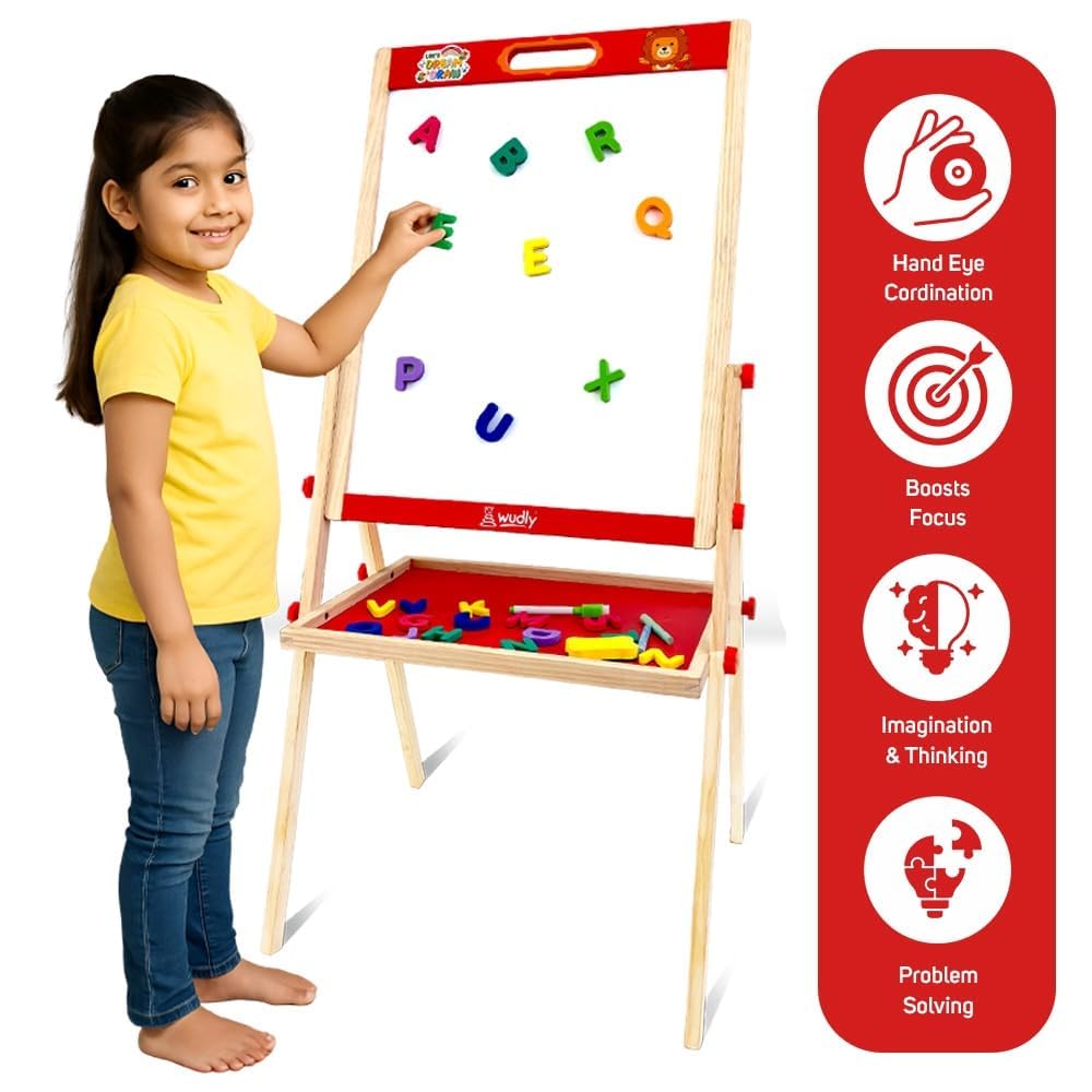 Wudly Kids Wooden Drawing Board, Double-Sided Chalkboard and Whiteboard, Educational Art Stand with Storage Tray