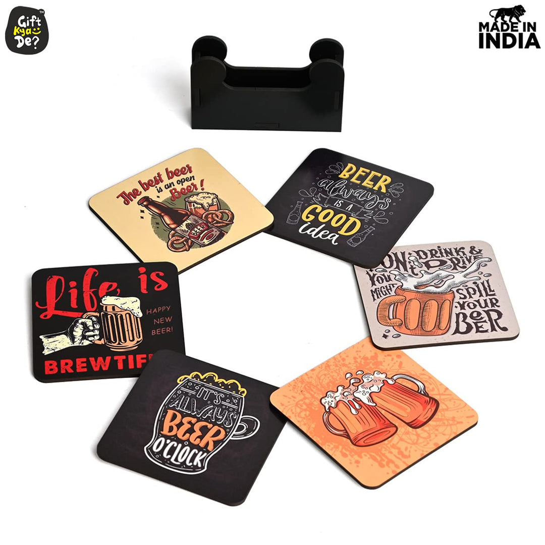 Gift Kya De Square Quotes Coaster Set of 6 With Coaster Stand | Quotes Coaster Set fit for Tea Cups and Coffee Mugs Also Coffee Lover Gifts