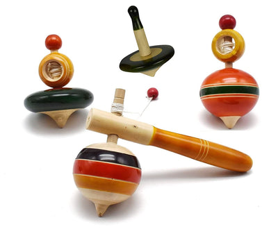 Wooden Spinning Tops Toys (3 Years+) - Set of 4 Pcs - Multicolor - Curiosity & Fine Motor Skills | Pambaram | Bongaram | Lattu