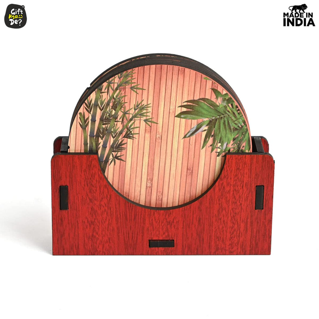 Gift Kya De Coaster Set of 6 Natural Wooden Bamboo Tree Style | Coasters with Beautiful Coaster Stand
