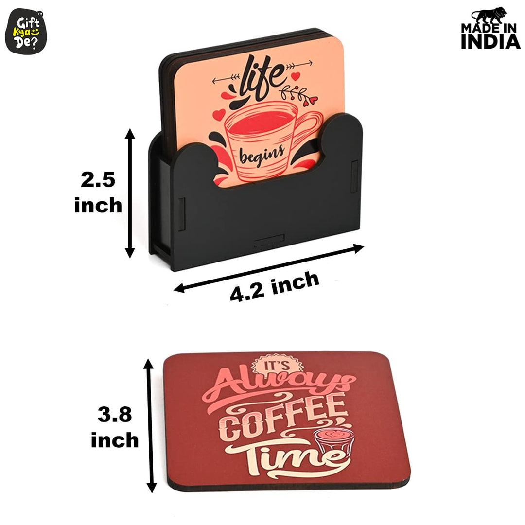 Gift Kya De Square Quotes Coaster Set of 6 With Coaster Stand | Quotes Coaster Set fit for Tea Cups and Coffee Mugs Also Coffee Lover Gifts