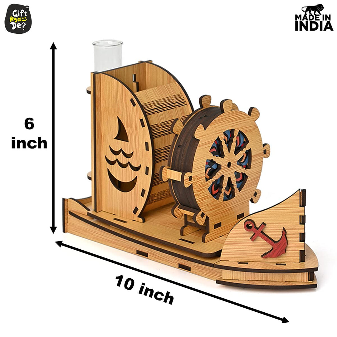 Gift Kya De Boat Shape Coaster Stand With Set of 6 Coaster & Cute Test Tube Planter