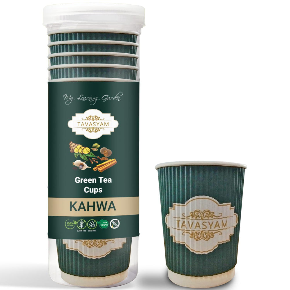 TAVASYAM Ready to Sip Kahwa Flavour Green Tea Cups - Vegan, Gluten Free & Sugar Free - Pre-Filled Tea Cups 200ml - Pack of 12 Cups