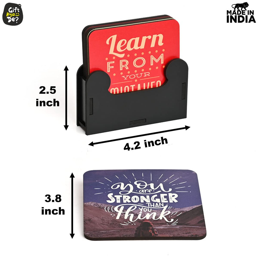 Gift Kya De Square Quotes Coaster Set of 6 With Coaster Stand | Quotes Coaster Set fit for Tea Cups and Coffee Mugs Also Coffee Lover Gifts