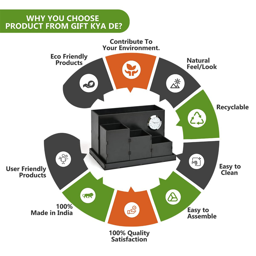 Gift Kya De Wooden Multipurpose Desk Organizer | Table Clock | 4 Compartment Organizer