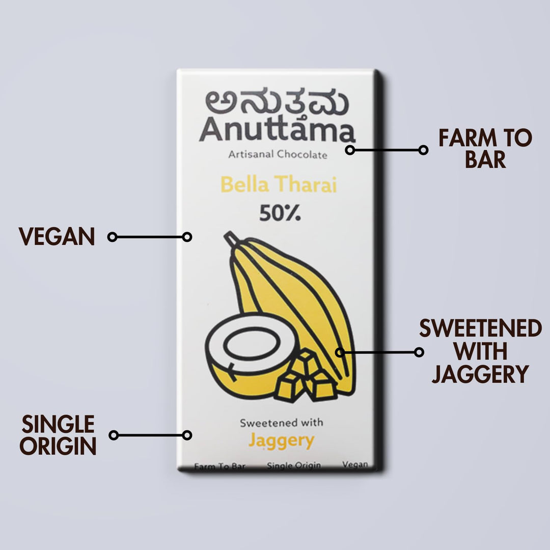 ANUTTAMA Bella Tharai Dark Chocolate - 50% Cocoa - Vegan Dark Chocolate 50 gm