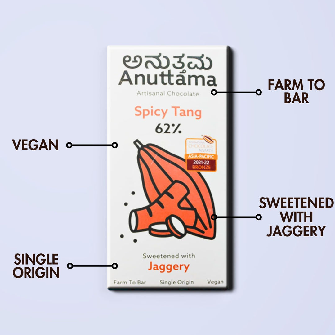 ANUTTAMA Spicy Tang Dark Chocolate - 62% Cocoa - Dried Ginger and Pepper - Vegan Chocolate Bar 50 gm