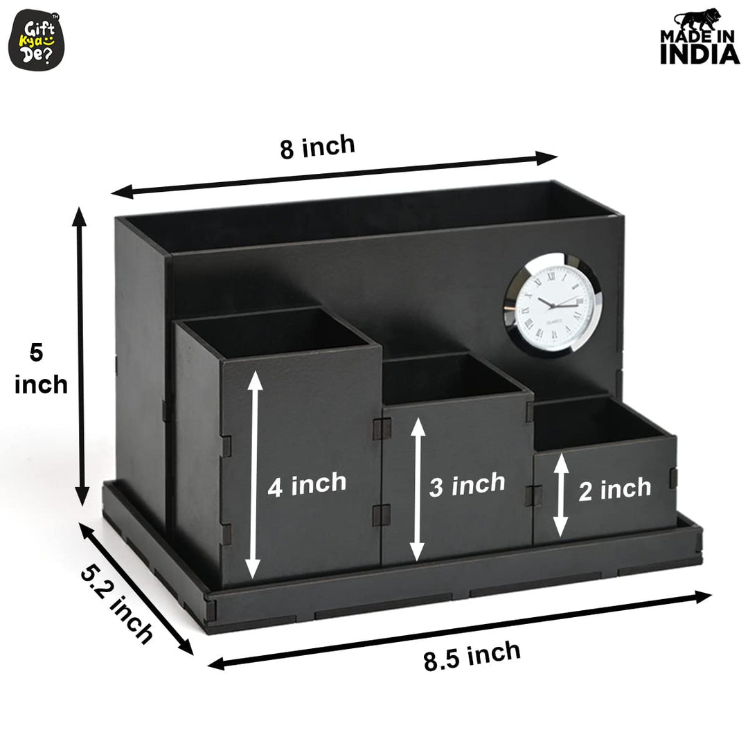 Gift Kya De Wooden Multipurpose Desk Organizer | Table Clock | 4 Compartment Organizer