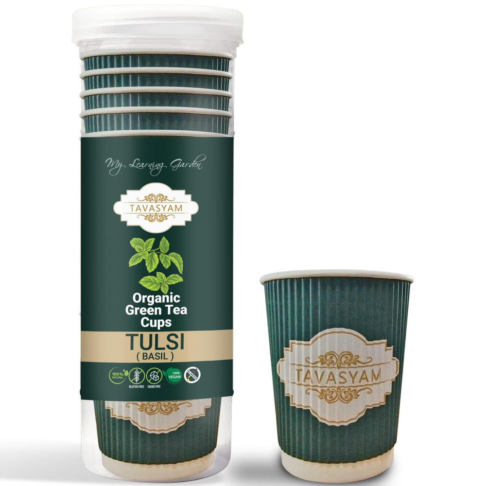 TAVASYAM Ready to Sip Tulsi Flavour Green Tea Cup - Vegan, Gluten Free & Sugar Free - Pre-Filled Tea Cups 200 ml | Tea Cups Set of 12