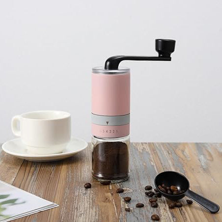 The Bean Co Roasters Manual Coffee Grinder with Adjustable Settings,High Borosilicate Glass and Coloured 304 Stainless Steel Body with Ceramic Burr (Whole Bean Coffee Grinder) (Pink)