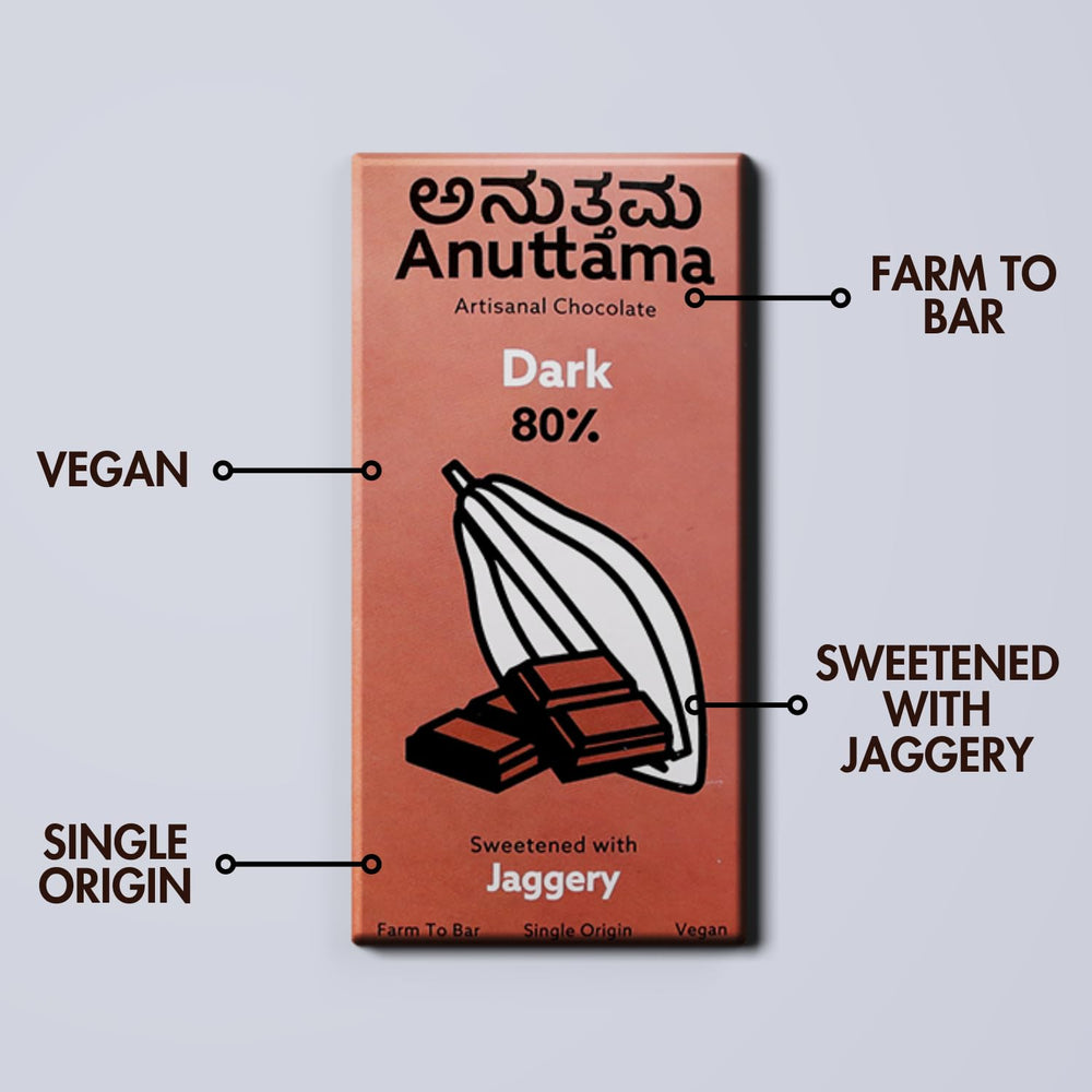Anuttama Dark Chocolate Bar | 80% Cocoa, Jaggery | 2 x 50g