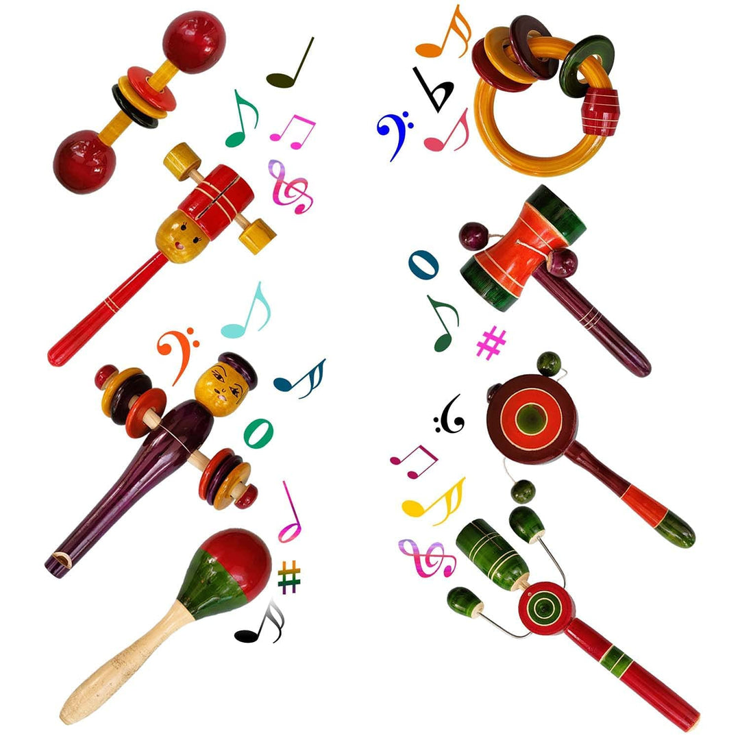 Channapatna Toys Wooden Rattles for Baby, Infants, New Born Babies Toys (0 to 12 Months) - Set of 8 pcs - Multicolor - Discover Sounds, Develops Sensory Skills