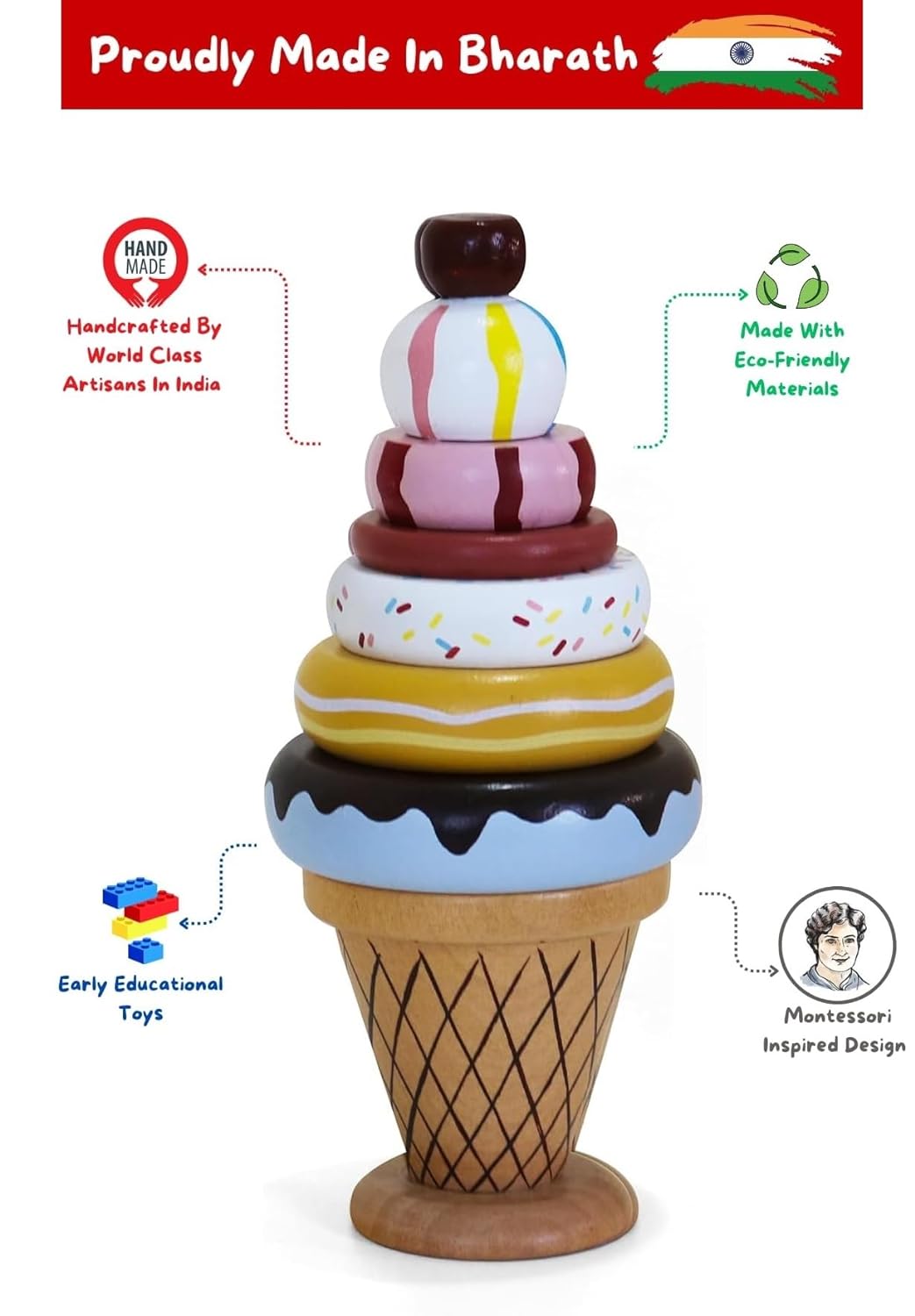 Channapatna Toys Organic Wooden Ice Cream Stacking Toy for Kids - (1 Year+) - Montessori Toys for Toddlers 1-3 Years Old and Up - Multicolor - Pack of 1 - Develop Fine Motor Skills