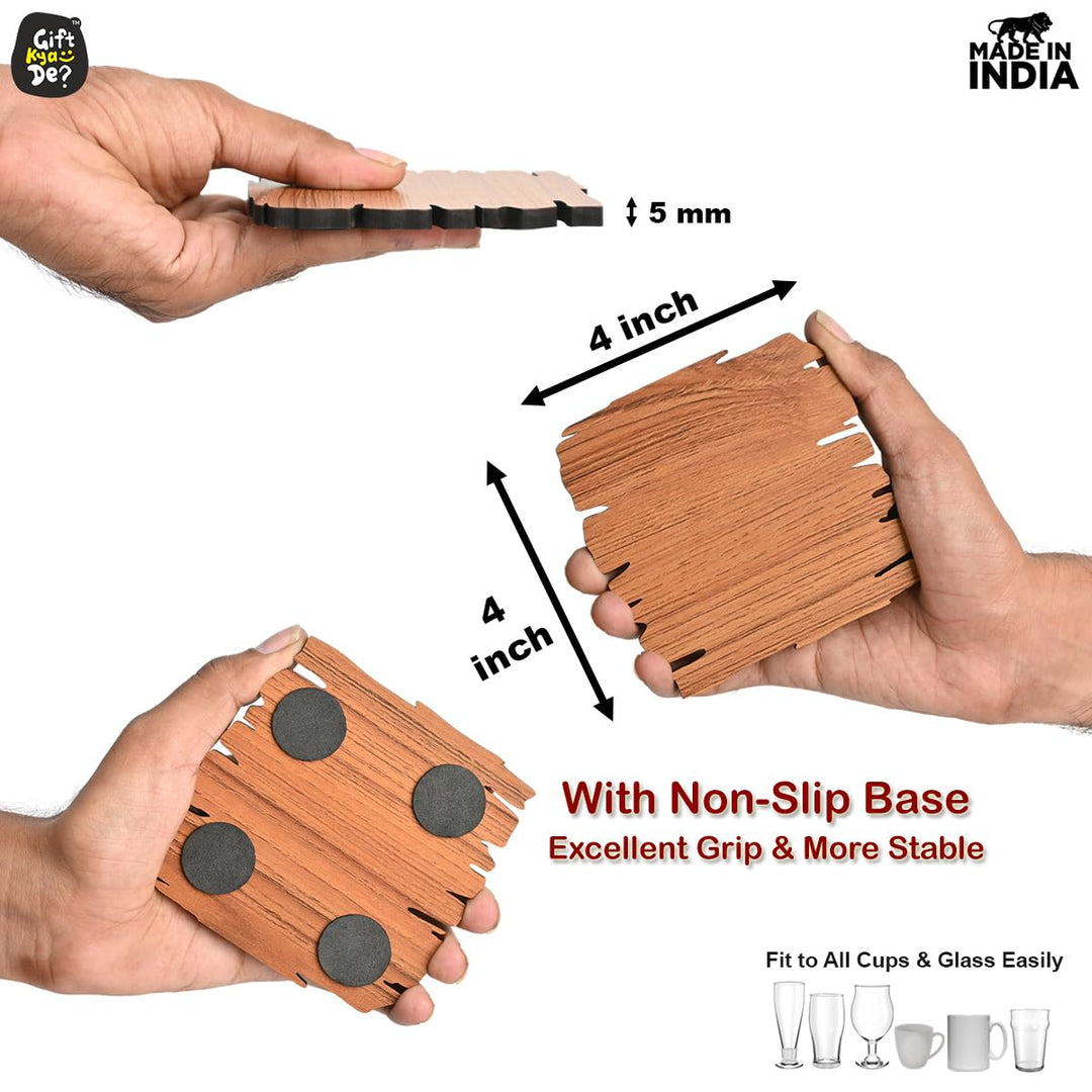 Gift Kya De Coaster Set Maharaja & Natural Design | Premium Wooden Table Coasters with Anti Slip Grip | 4 pc Wooden Coasters (10 x 10 cm)