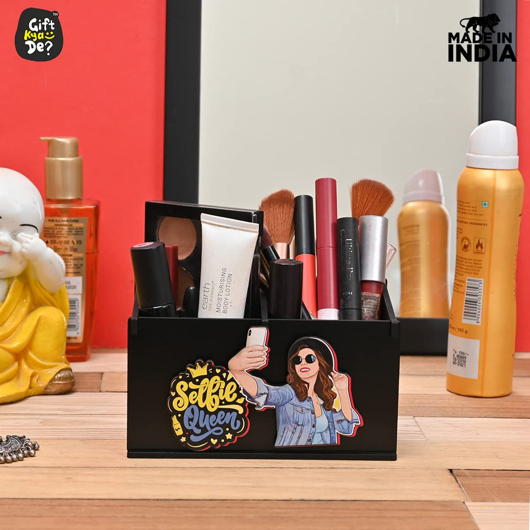 Gift Kya De 2 Compartment Funky Cosmetic Organizer | Desk Organizer For Girls | Makeup Box With Smileys And Emoji (Eco Friendly)