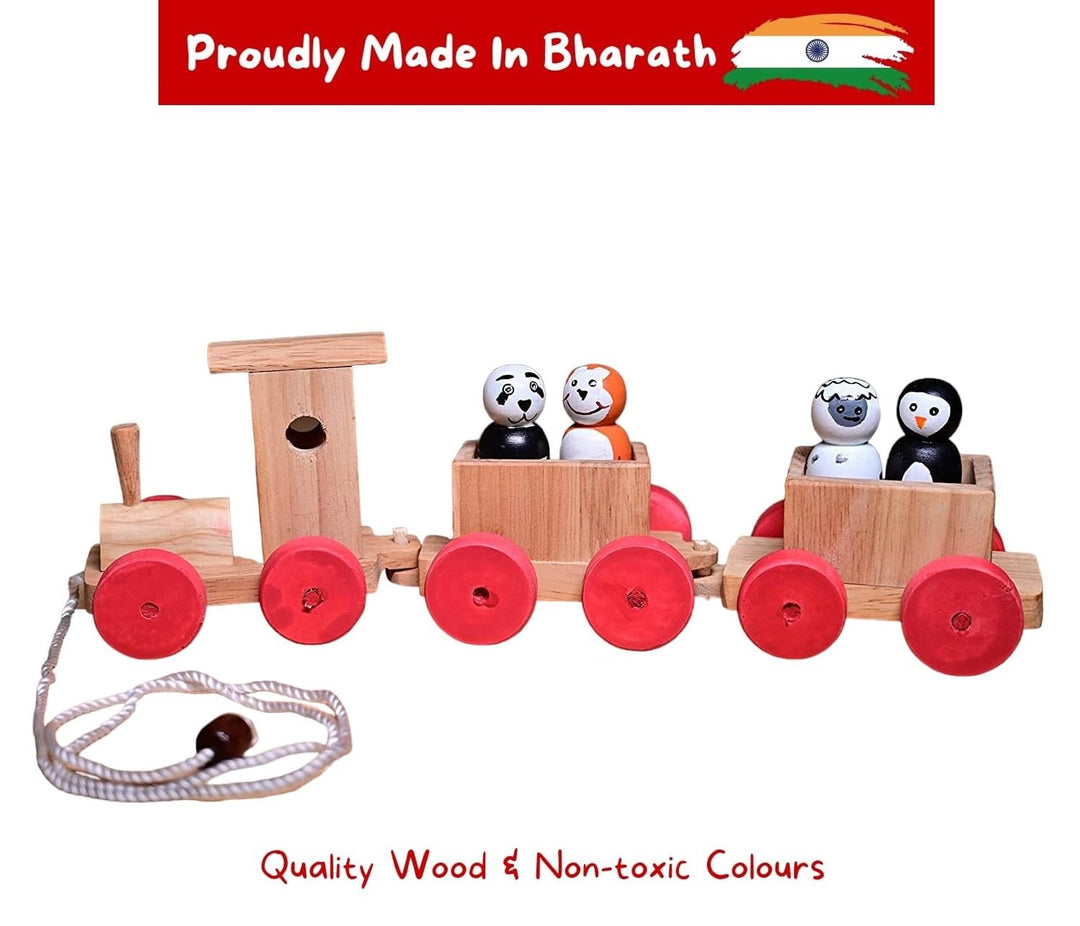 Channapatna Toys Pull Along Toy Wooden Train with 4 Animals Peg Dolls for 12 Months & Above Kids, Toddlers, Infant & Preschool Toys - Multicolor - Wooden Toys Train Indian Passenger Set