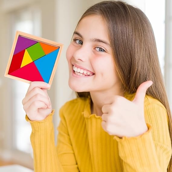 Wudly - Wooden Tangram Puzzle for Mind Development pattern Educational Toy for 3+ Years Kids, 8 Pieces Set, Child Safe Certified, Multicolors