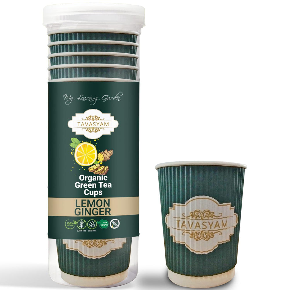 TAVASYAM Ready to Sip Lemon Ginger Green Tea Cups - Vegan, Gluten Free & Sugar Free - Pre-Filled Tea Cups 200 ml - Pack of 12 Cups