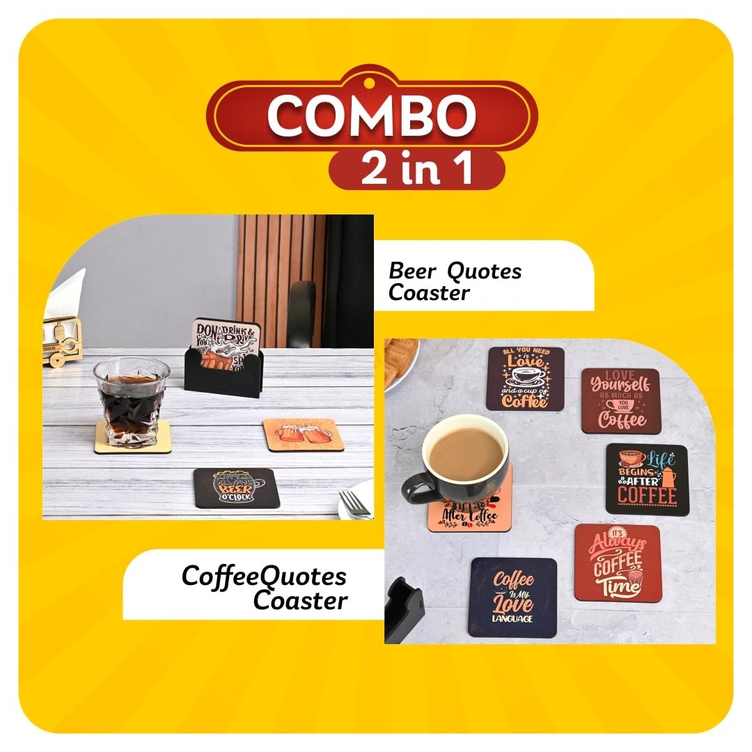 Gift Kya De Coaster Set of 12 | Wooden Square Coasters with Proper Coaster Stand | Designer Coaster Set