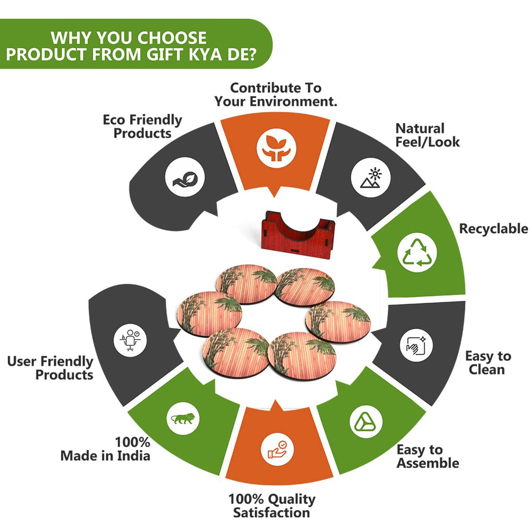 Gift Kya De Coaster Set of 6 Natural Wooden Bamboo Tree Style | Coasters with Beautiful Coaster Stand