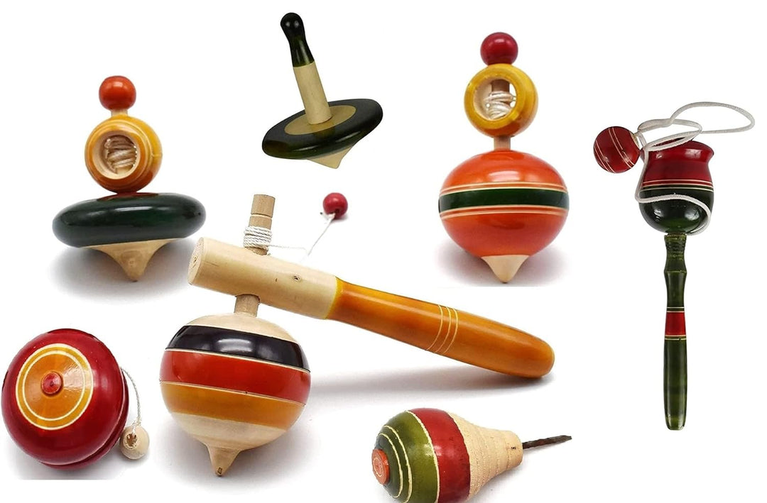 Channapatna Toys Wooden Spinning Tops Toys Combo Pack of 7 pcs for Kids (3 Years+) - Lattu Spinning Toy Wood - Multicolor - Curiosity & Fine Motor Skills