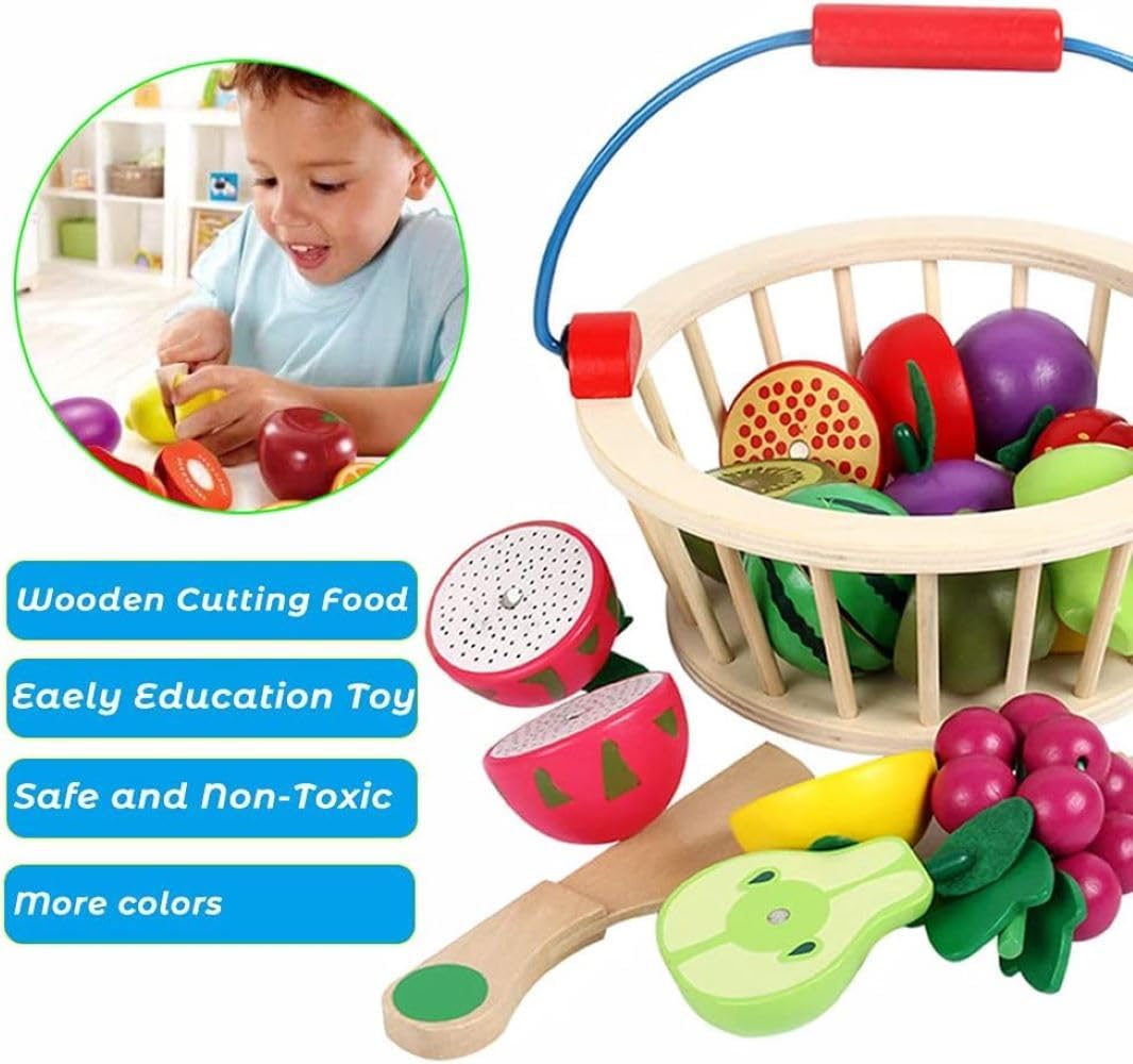Wudly Magnetic Wooden Cutting Fruit Food Play Toy Set with Basket for Kids
