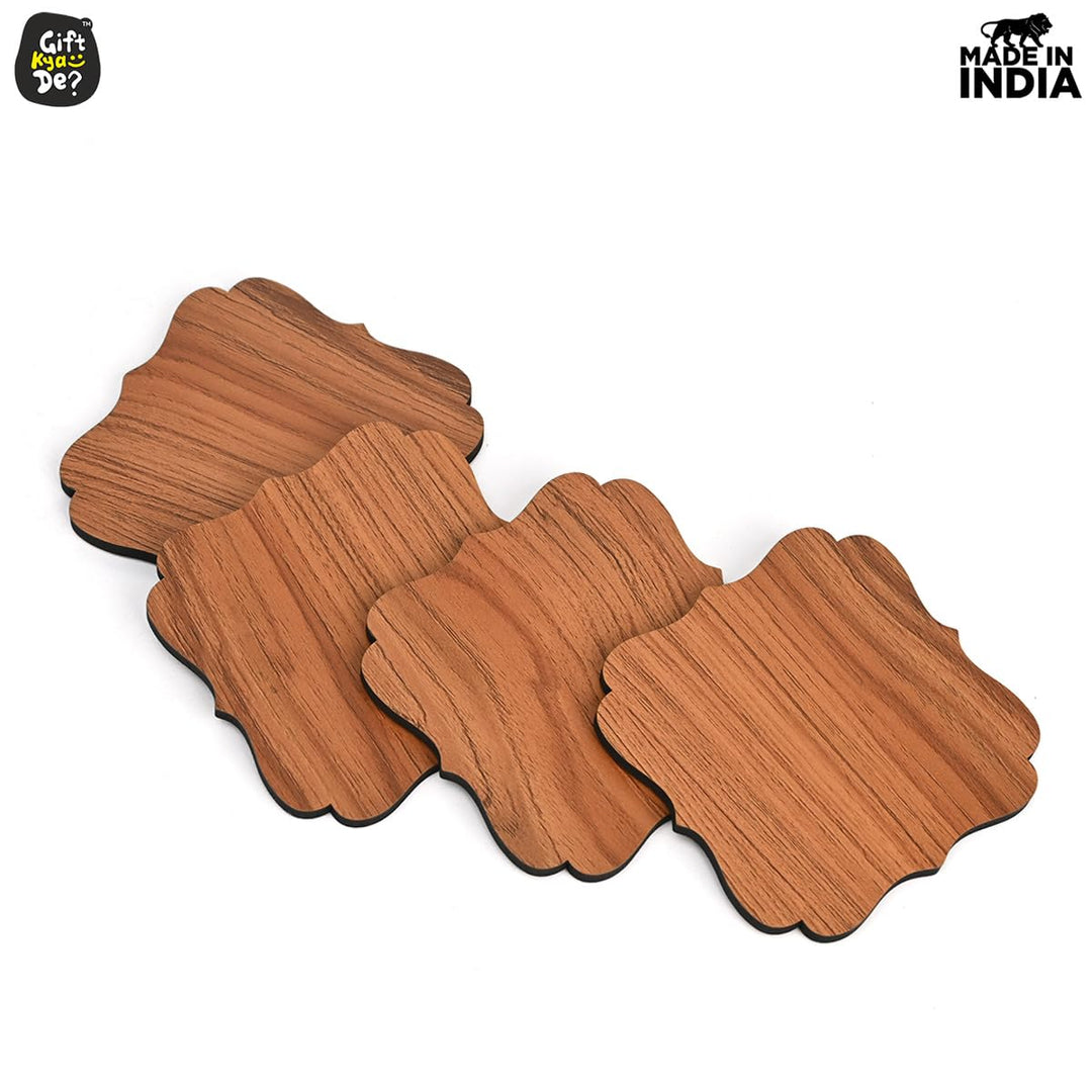 Gift Kya De Coaster Set Maharaja & Natural Design | Premium Wooden Table Coasters with Anti Slip Grip | 4 pc Wooden Coasters (10 x 10 cm)
