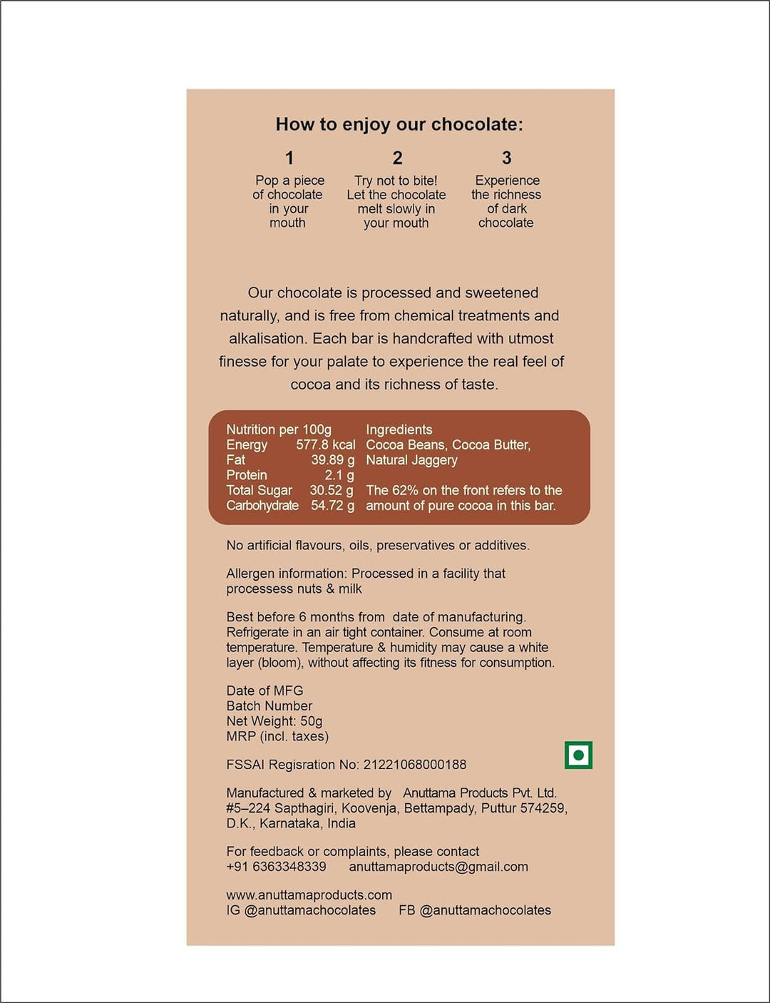 ANUTTAMA Dark Chocolate Classic Plain | 62% Cocoa  -  Chocolate Bar 50 gm