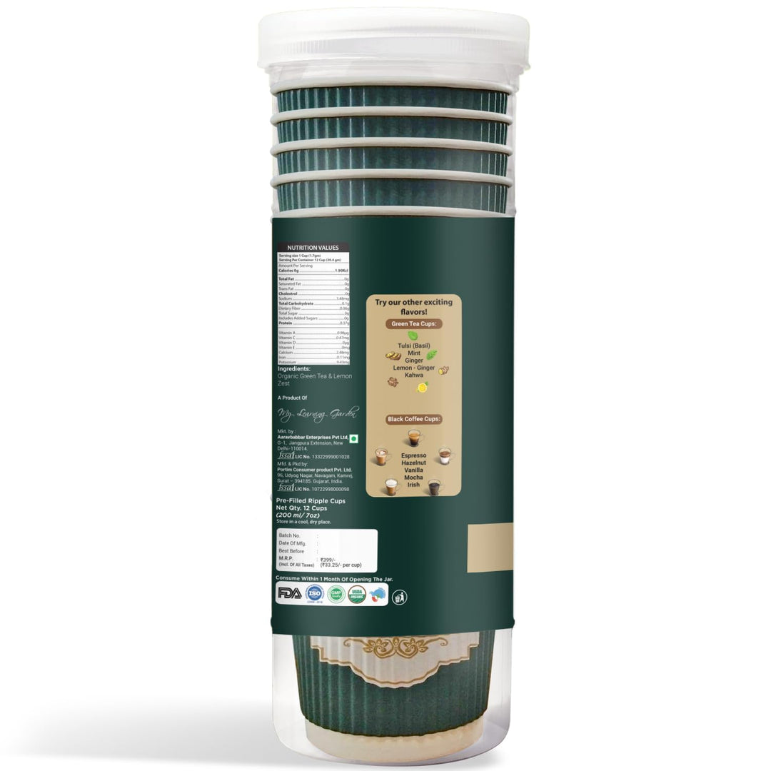 Tavasyam  Ready to Sip Lemon Flavour Green Tea Cups - Vegan, Gluten Free & Sugar Free - Pre-Filled Tea Cups 200 ml - Pack of 12 Cups
