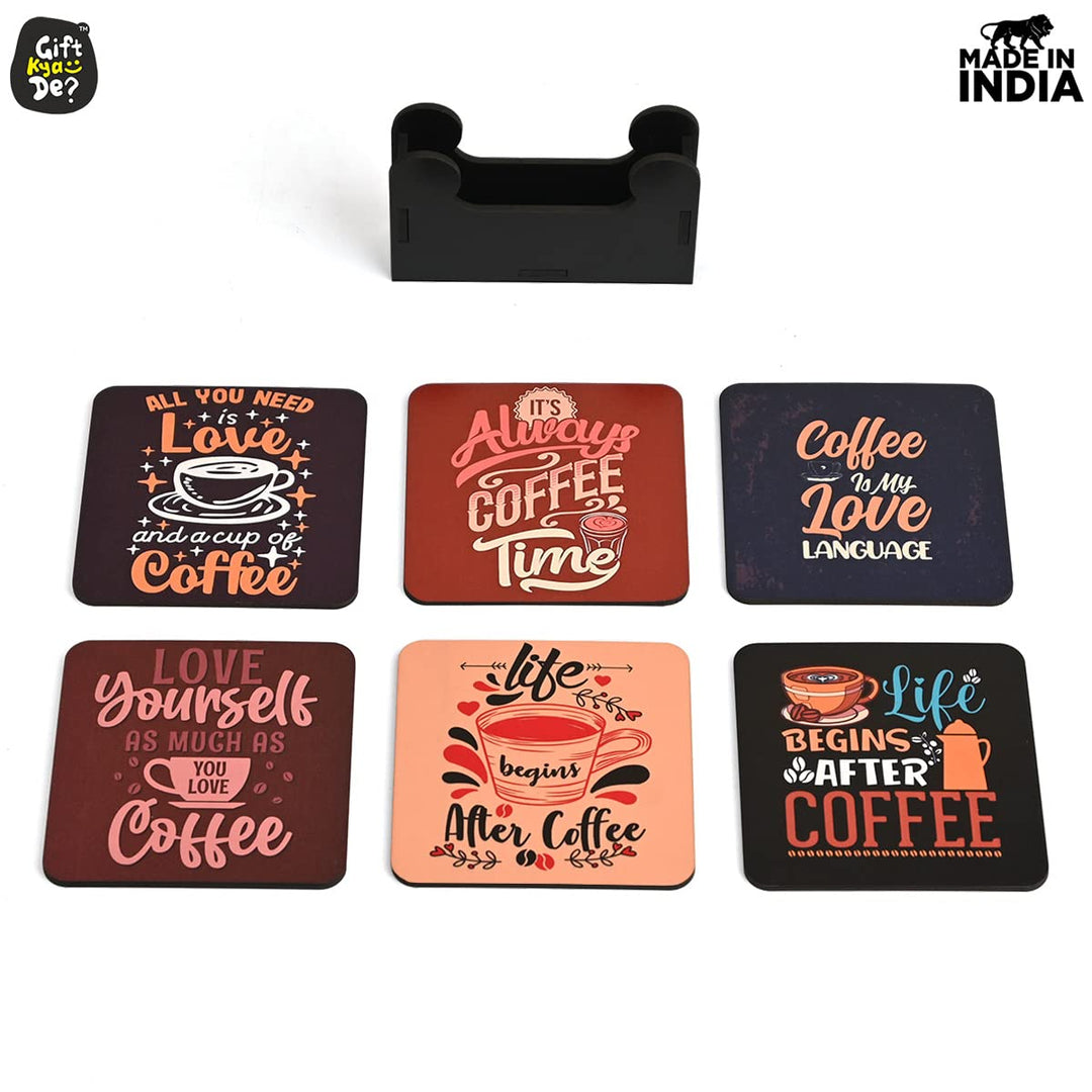 Gift Kya De Square Quotes Coaster Set of 6 With Coaster Stand | Quotes Coaster Set fit for Tea Cups and Coffee Mugs Also Coffee Lover Gifts