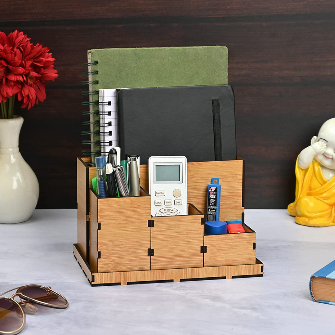 Gift Kya De Wooden Multipurpose Desk Organizer | Table Clock | 4 Compartment Organizer