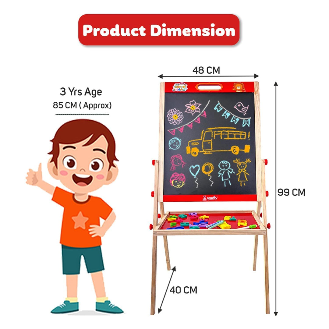 Wudly Kids Wooden Drawing Board, Double-Sided Chalkboard and Whiteboard, Educational Art Stand with Storage Tray