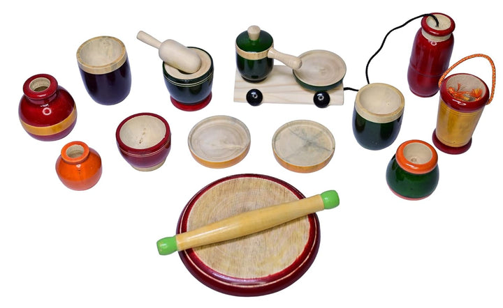 Channapatna Toys Wooden Traditional Wooden Cooking/Kitchen Play Premium Set for Girls, Boys, Kids (3 Years+) - Multicolor - 17 Pieces Preschool Toys Set - Pretend & Play Toys, Improves Hand Eye Coordination